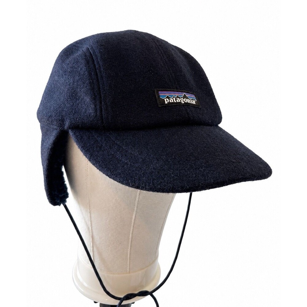 Patagonia L Fleece Ear Flap Cap Hat Navy NetPlus Recycled Wool Blend Adult